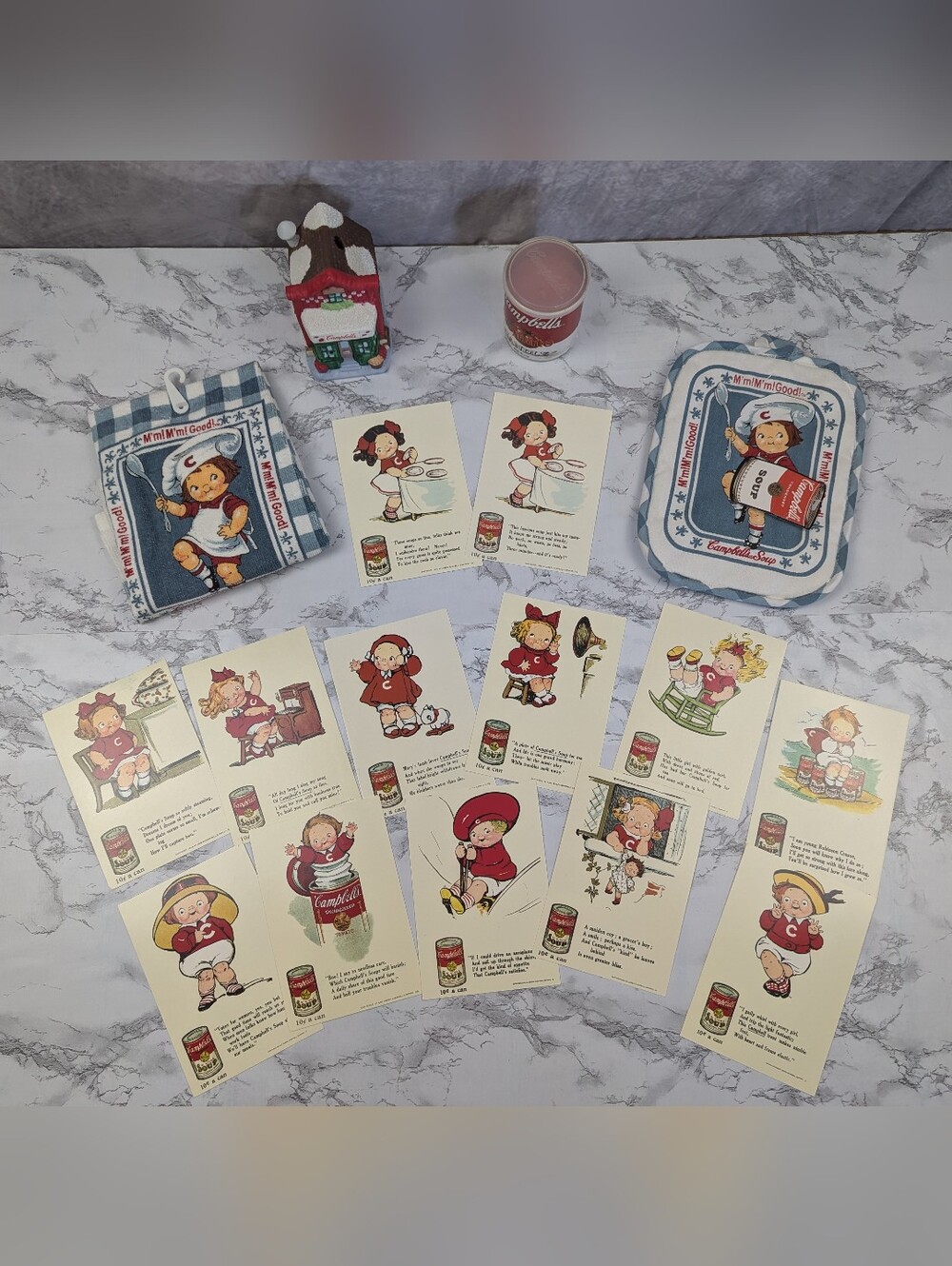 Vintage Campbell’s Soup Collectibles Lot - Towel, Potholder, Ceramic House
